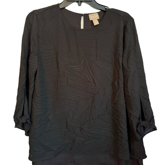 Chicos Black Textured 3/4 Sleeve Layered Blouse Size M Polyester Womens Top - Picture 7 of 12